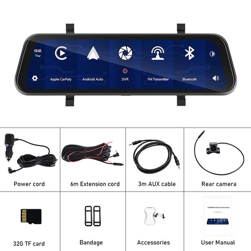 9.66" Touch Screen Dash Cam Car Wireless Apple CarPlay Android Radio DVR GPS - Picture 4 of 24