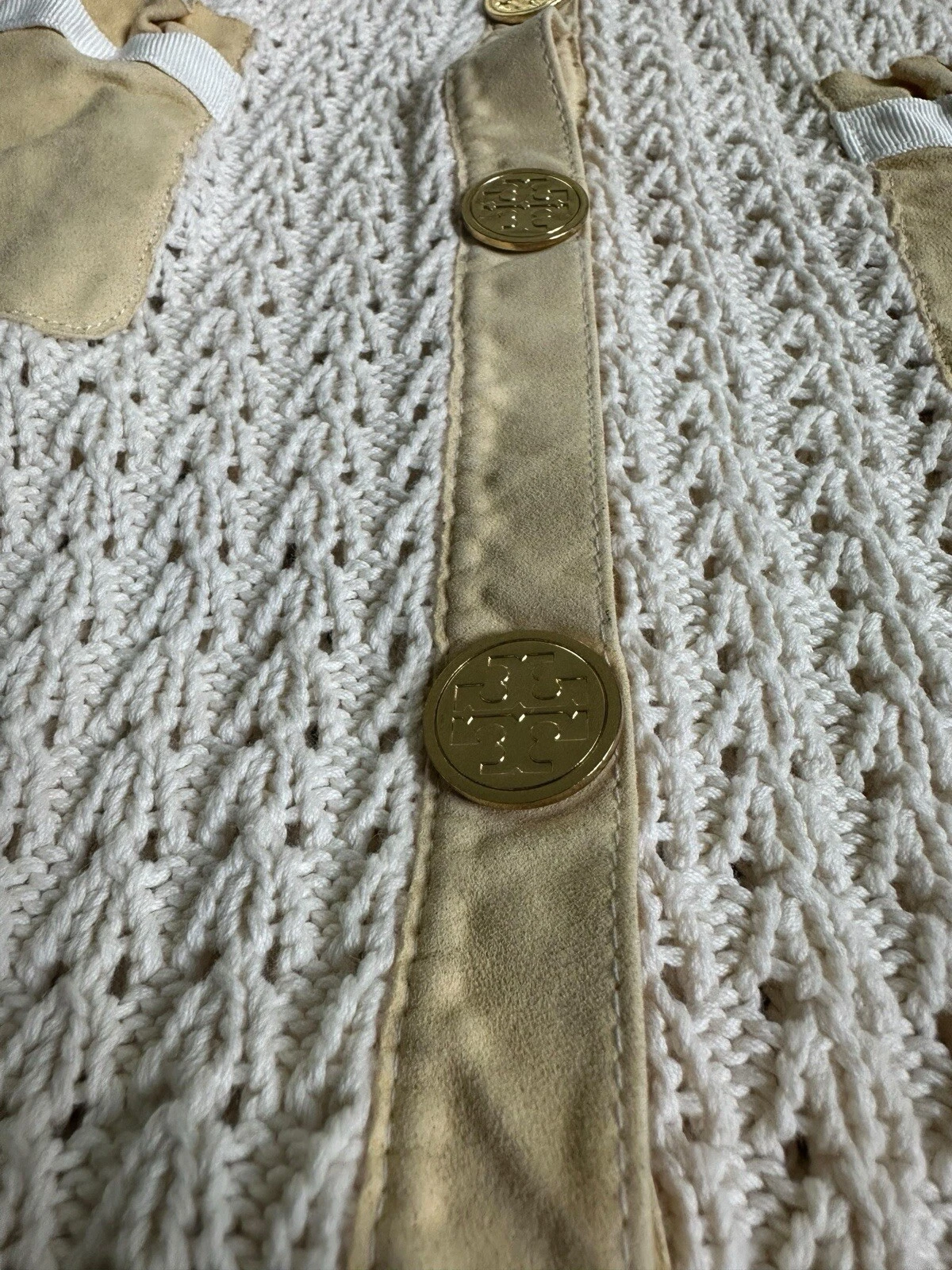 Abito Tory Burch maglia avorio scamosciato tasche bottoni oro taglia grande manica lunga