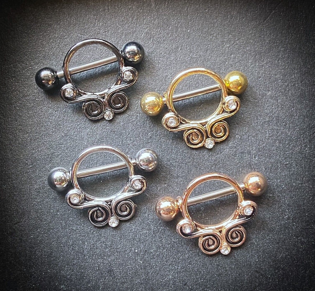 Surgical Steel Gold Plated Laced Single Gem Nipple Ring Shield Barbell Surgical Steel Gold Plated Laced Single Gem Nipple Ring Shield Barbell
