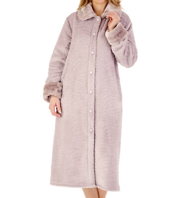 button front dressing gown ladies Womens Up Housecoat Faux Fur Collar Zebra Robe Slenderella vintage style chenille bathrobes