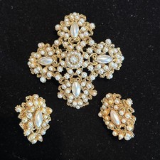 Vintage Florenza Brooch & Earrings Set Gold Tone Maltese Cross Pearls