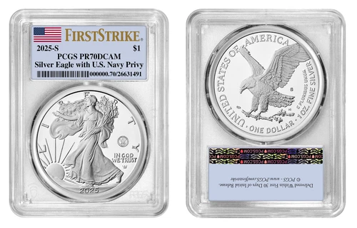 2025-S (PR70) Proof American Silver Eagle ~ U.S. NAVY Privy First Strike $1 PCGS