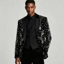 Black Luxury 3Pcs Men's Suits Beading Diamond Sparkly Jacket Peak Lapel Coat