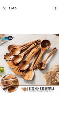 Kitchen Essentials 10-Piece Wooden Utensil Set Spoons Spatulas Pasta Server used