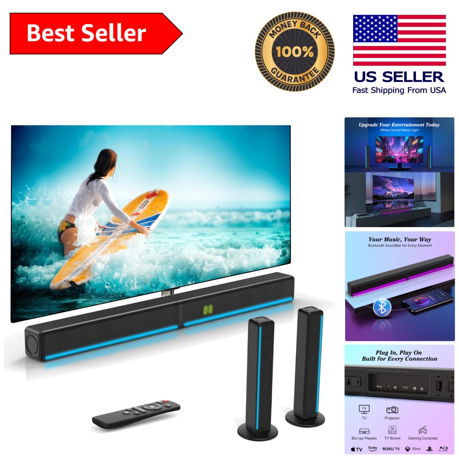 Versatile Detachable 180W Bluetooth Sound Bar with RGB & Wall Mounting Kit