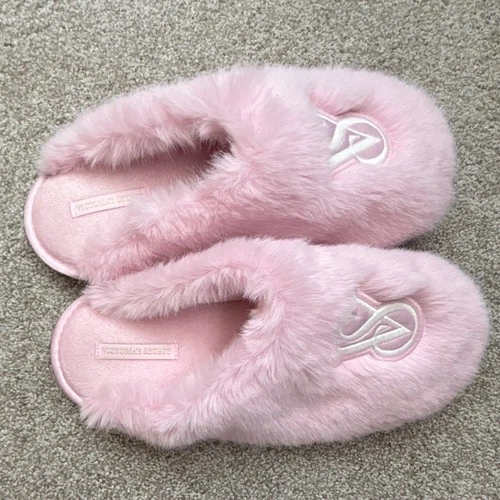 Victoria's Secret Women's Pink Faux Fur Logo Slide Slippers Slip-On Open Toe