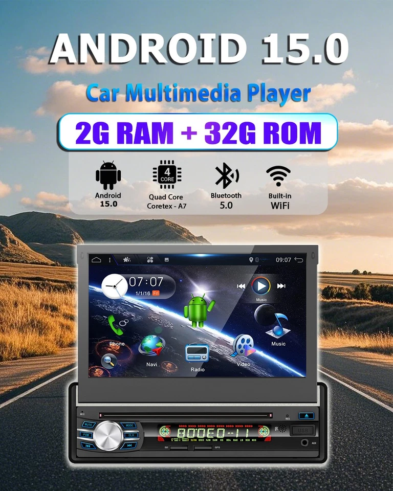 Universal 1 Din Flip-Out Single Android 15.0 GPS Car Stereo CD/DVD Player HD DAB - Image 3 of 4