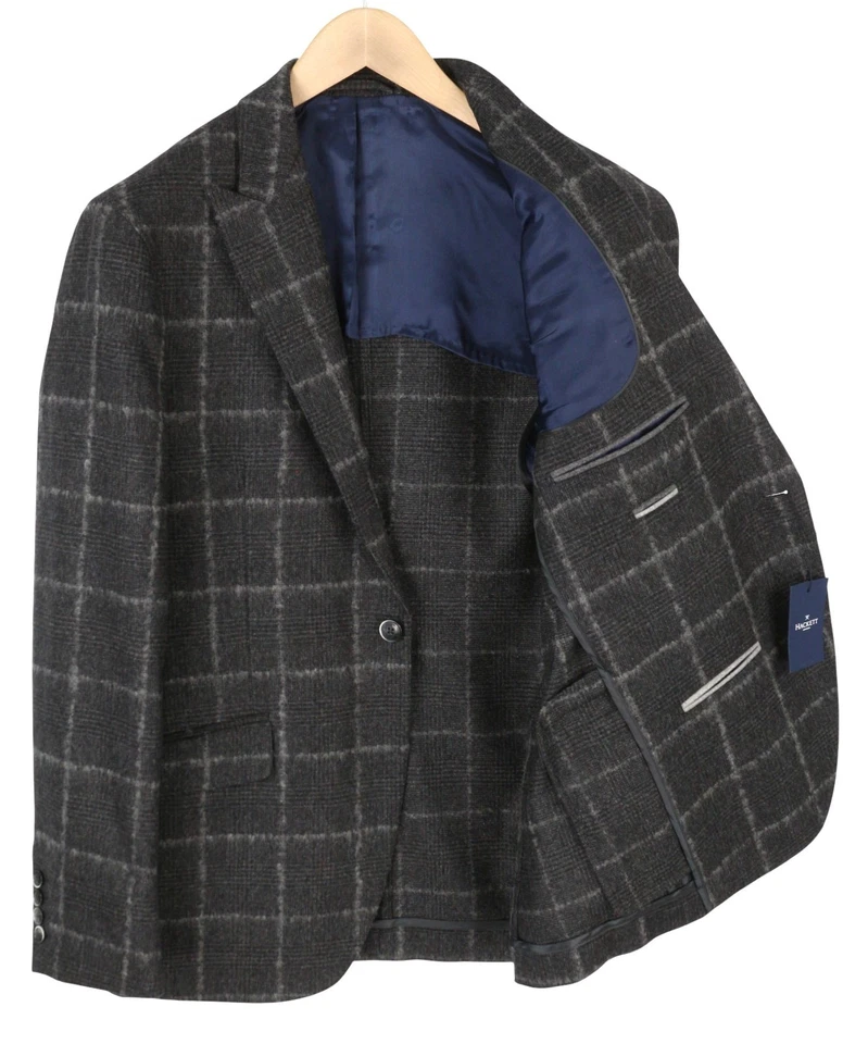 Blazer HACKETT Boucle Lana Cuadros Hombres EU50 Gris Medio Forrado Pico PVP575 * Foto 2 de 4