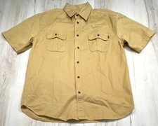 HUF Mens XL Camel Tan 100% Cotton Twill Button-Up Short Sleeve SHIRT Pockets EUC
