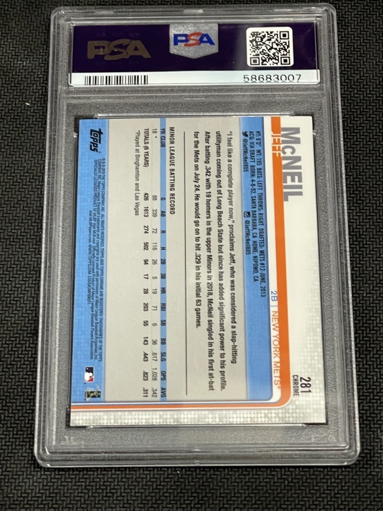 Jeff McNeil 2019 Topps Chrome Sapphire Rookie PSA 10 Mets RC #281 view 2