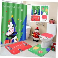 4pcs Christmas Shower Curtain Set with Non-Slip Christmas Tree Light Green 