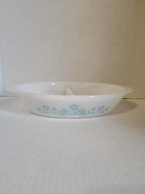 VTG Pyrex Glasbake White Blue Daisy Flower Oval Divided Casserole Dish QT J2352