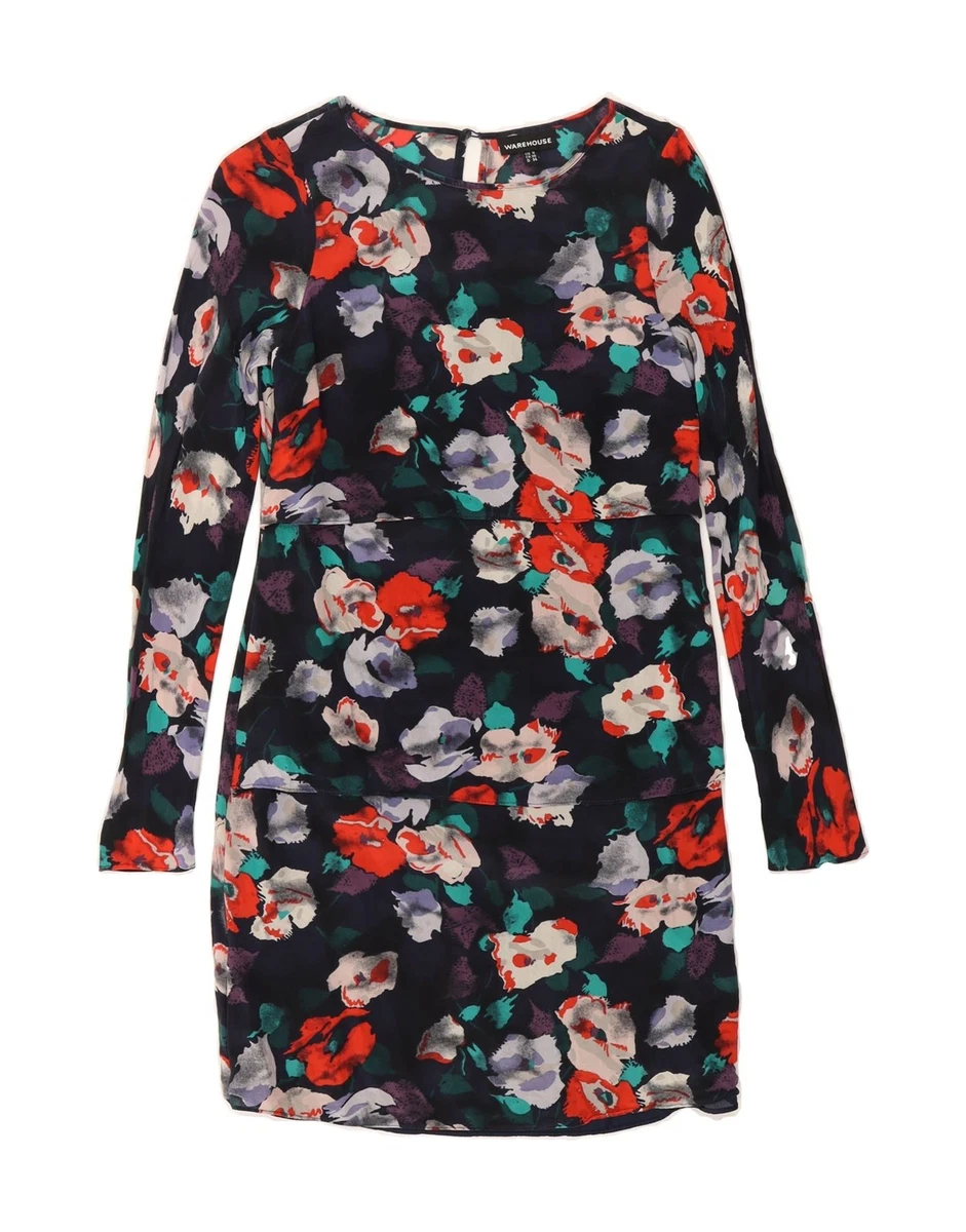 Robe Courte A-line Warehouse En Soie Bleue - Taille 14, Col Rond, Manches Courtes