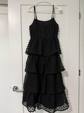 Lulus Black Mesh Tiered Ruffle Midi Dress Square Neck Adjustable Straps S