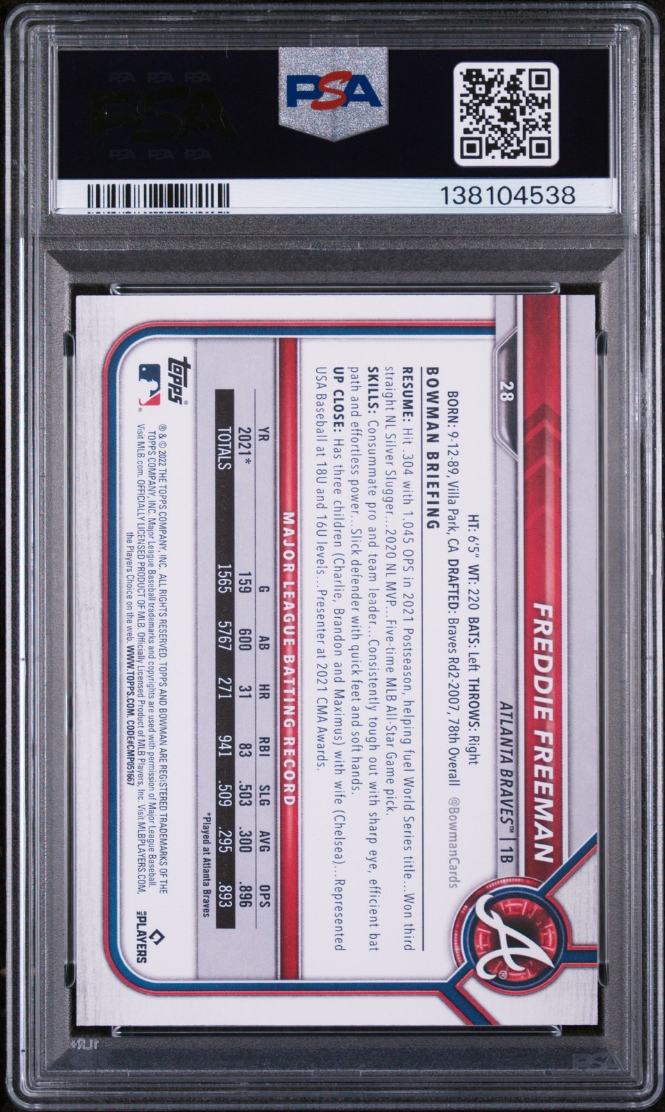 2022 Bowman Freddie Freeman  #28 Sky Blue /499 PSA 8 view 2
