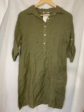 Elena Baldi Dress Medium Green 100 Linen Womens Roll sleeve Italy Pockets New