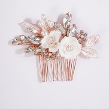 Wedding Crystal Pearl Leaf Rhinestones Hair Comb, Rose Gold Alloy, Imitation...