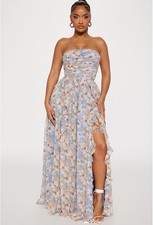 Fashion Nova Sophia Chiffon Blue Floral Maxi Dress- L