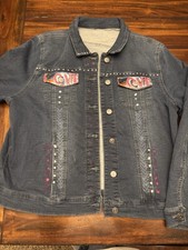 Buffalo David Bitton XL Black Stretch Denim Jacket Embellished Painted Boho