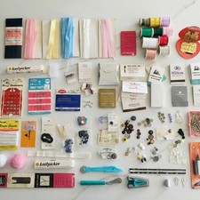 Lot of Vintage sewing supplies - Thread, buttons, pins, needles, elastic etc.