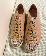 Miu Miu Beige Lace Up Low Top Sneakers Rhinestone Crystal Toe Cap Women