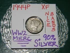 1944 P Mercury 90% Silver{X-FINE} WWII Dime, Nice Bands, Top & Bottom-Nice Wings