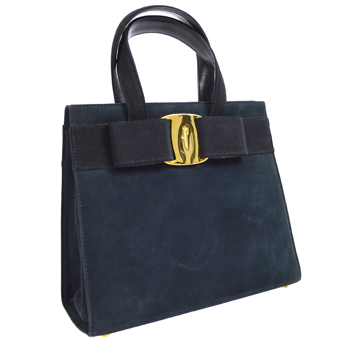 Salvatore Ferragamo Vara Bow 2way Hand Bag Purse Navy Nubuck BA214178 00272