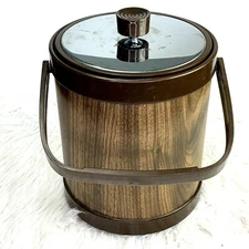 Vintage Atapco Ice Bucket Brown Woodgrain Look Top Handle Lid Bar Cart Mancave