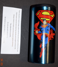 DC COMICS "SUPERMAN," Blue Metal Glass, 2.5" Dia. x 6.25" Tall , New with Tag