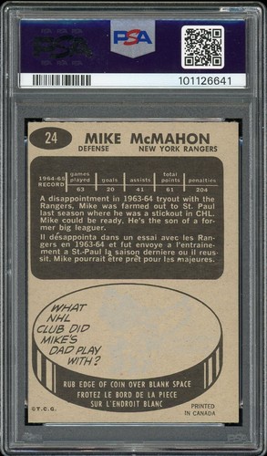1965-66 TOPPS HOCKEY MIKE MCMAHON ROOKIE #24 RANGERS PSA 6 GH01 RC - Picture 2 of 2