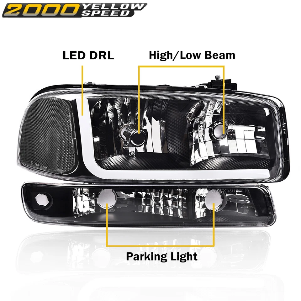 Fit For 99-07 GMC Sierra 1500 2500 LED DRL Black/Clear Headlights+Bumper Lamps - Image 3 of 4
