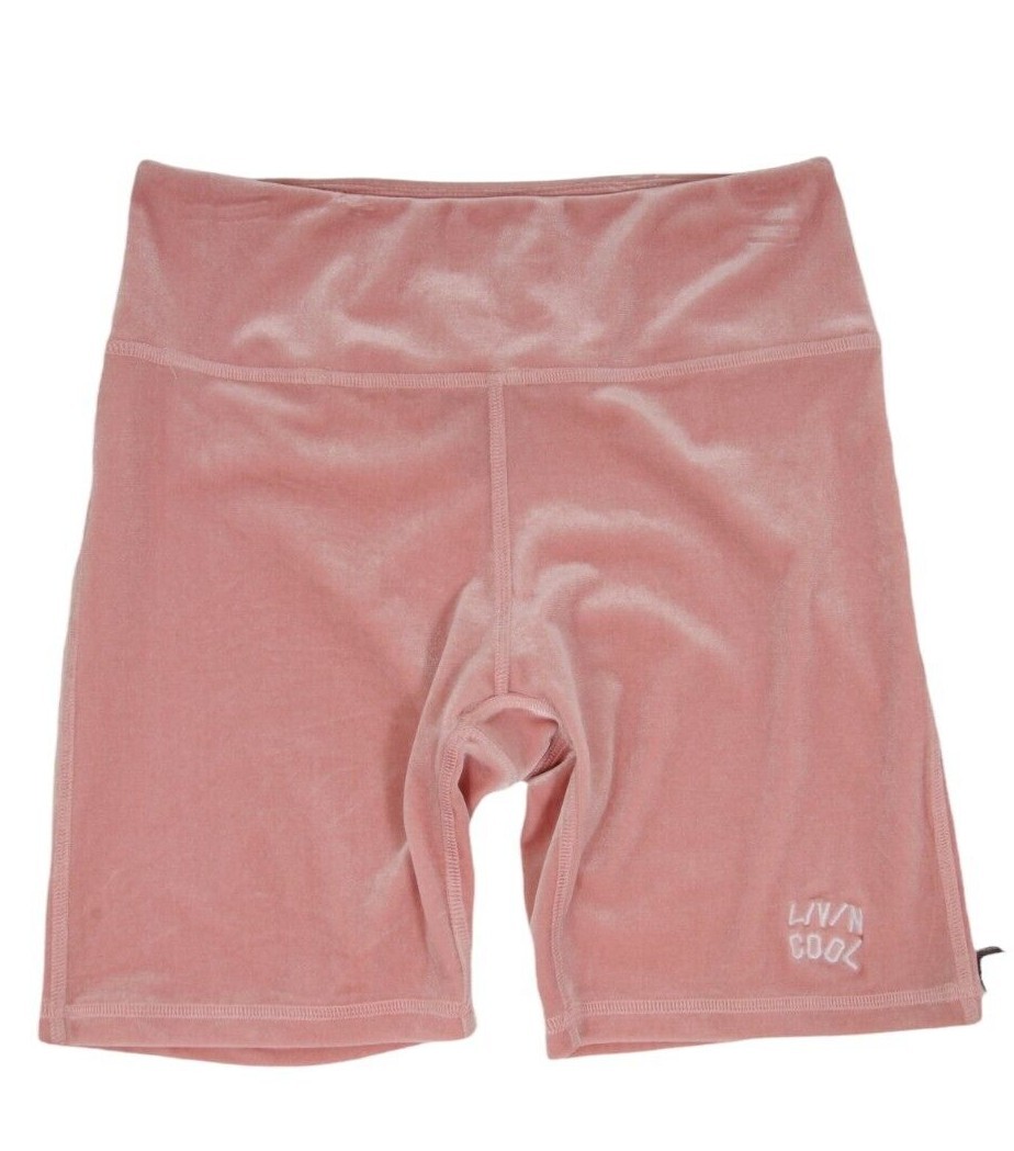 Livin Cool Womens Logo Biker Shorts Size Medium Pink White Velour Stretch Waist-image