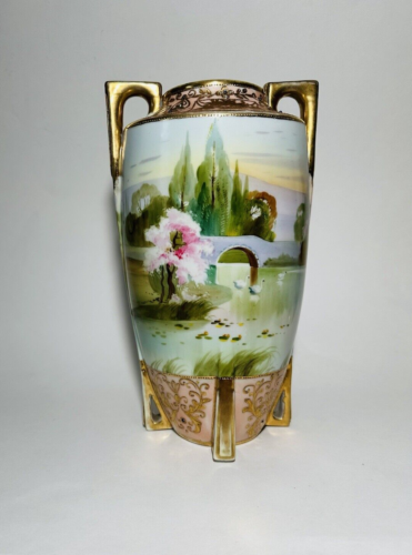 Antique Morimura Noritake Square Gilded Handles Spring Scene Vase  Gold Moriage - Afbeelding 1 van 15