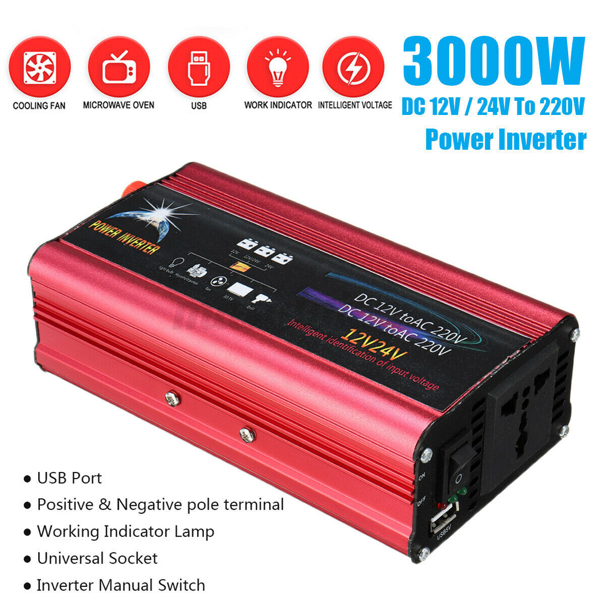 3000W Power Inverter DC 12V/24V to AC 220V Modified Sine
