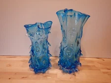 Crystal Home Collection OK Lighting Blue Art Glass Vase Set Pair Tulip Ruffle