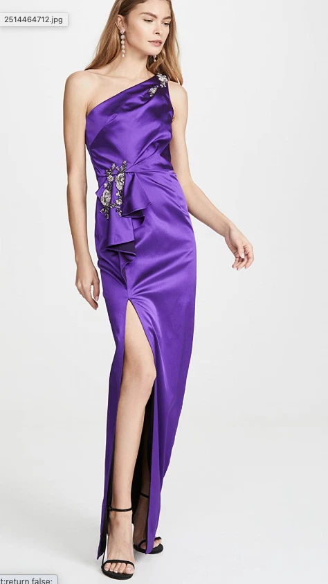 MARCHESA NOTTE EMBELLISHED ONE SHOULDER PURPLE SATIN COLUMN GOWN