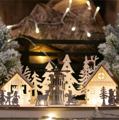 Leuchtende LED Festliche Dorfszene Holz Weihnachtsdeko Ornament Festlich