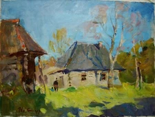 Ukrainian Oil Painting Impressionism Landscape Village hut sunny day  