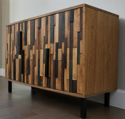 47'' Modern Rustic 4-Door Sideboard Buffet Cabinet Linear Wood Mosaic Natural Ash