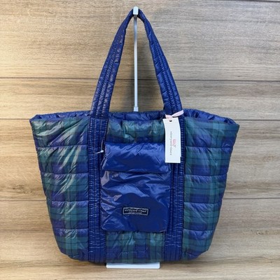 NWT $148 Vineyard Vines 18  Quilted Green Plaid Reversible Puffer Tote Bag Purse