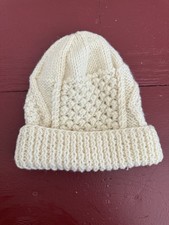 Vintage Lands' End IVORY Cuffed Cable Knit Aran Wool Beanie Hat women's O/S