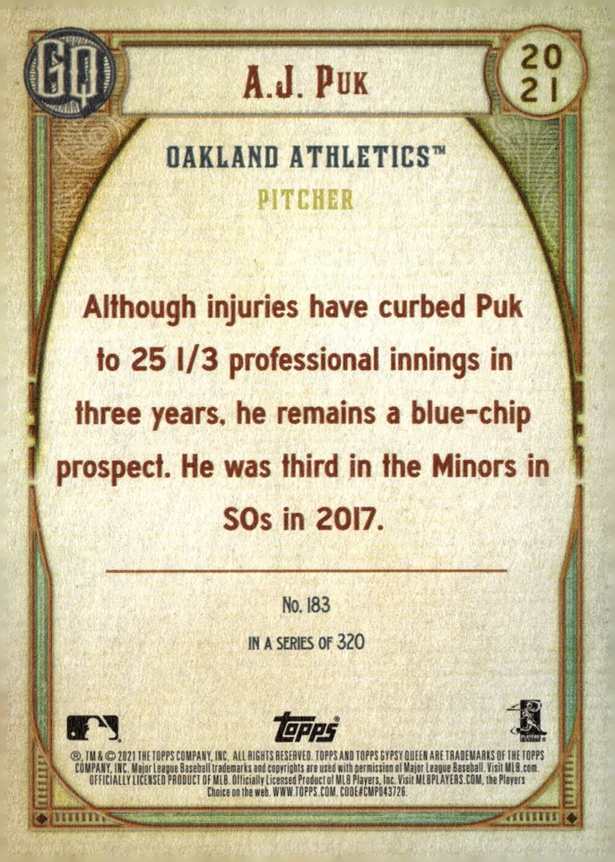 2021 Topps Gypsy Queen #183 A.J. Puk Team Script Font Swap - Image 2 of 2