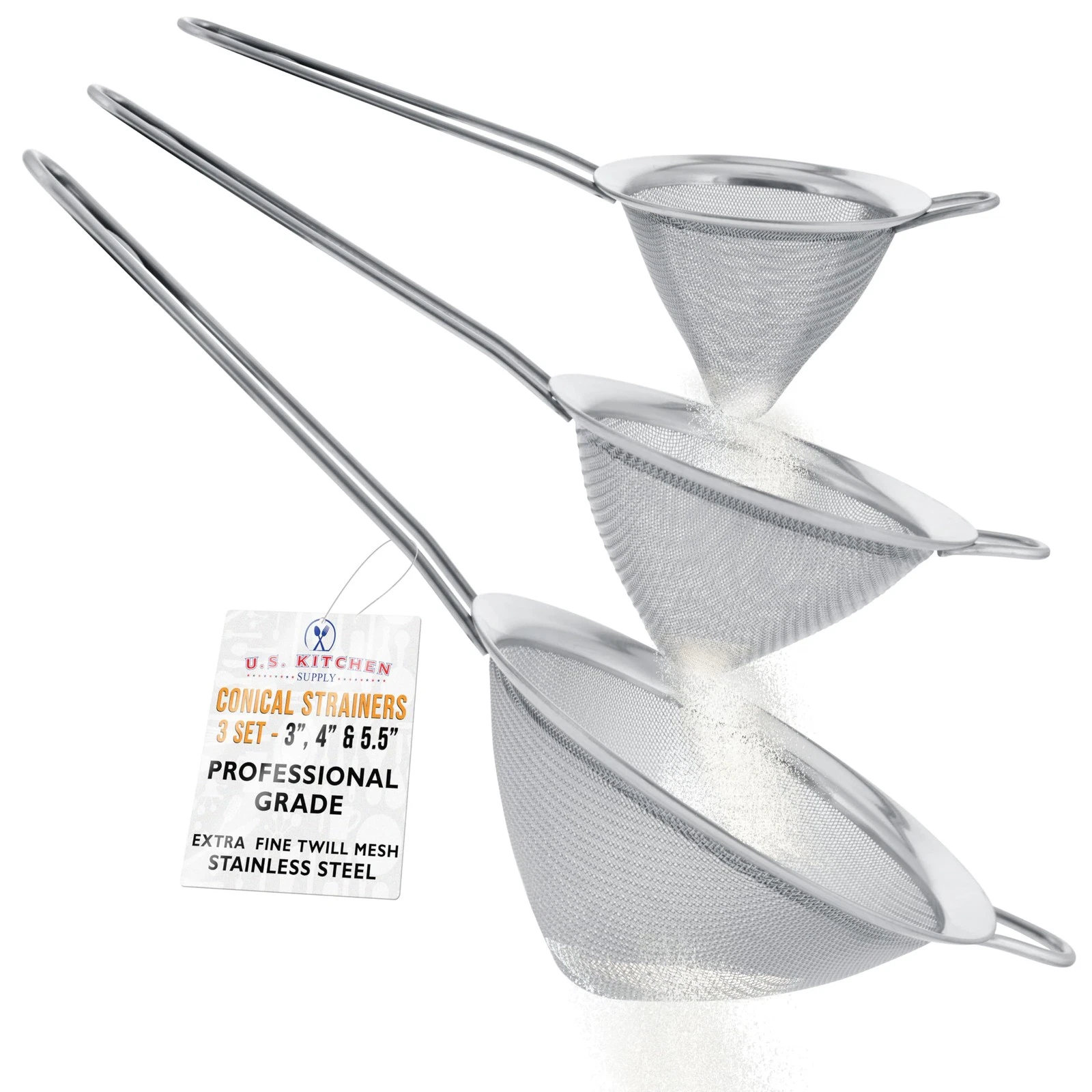 Set of 3 Stainless Steel Conical Strainers - 3", 4" & 5.5" Sizes - Chinois St...
