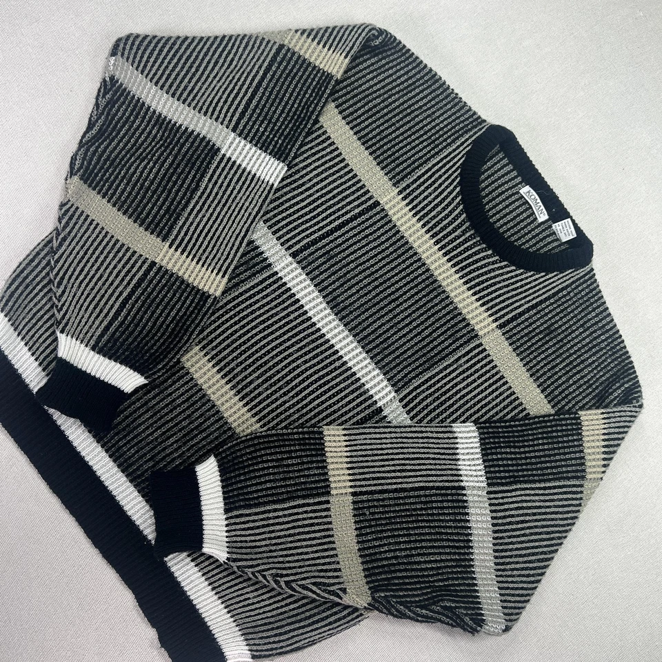 Suéter Koman Vintage Años 90 Para Hombre L Negro Gris Rayas Acrílico Cuello Redondo Hecho en Corea Foto 3 de 4