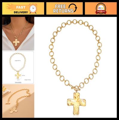 Chunky Gold Cross Toggle Necklace, Hammered Pearl Pendant, Thick Link Chain Chok