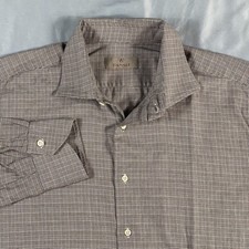 Canali 1934 Houndstooth Cotton Spread Collar Plaid Dress Shirt Men's Size 17.5