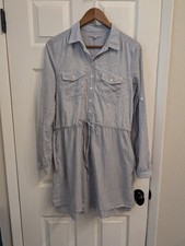 Gap Women's Small Boho Dress Striped 100% Cotton Roll Up Sleeves Pockets 
