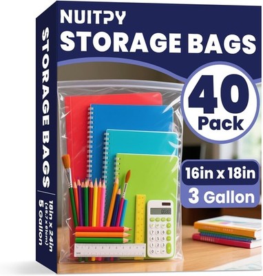 40 Pack Large 3 Gallon Storage Bags with Zipper Top, 16 X 18 Inch Zipper Bags, C