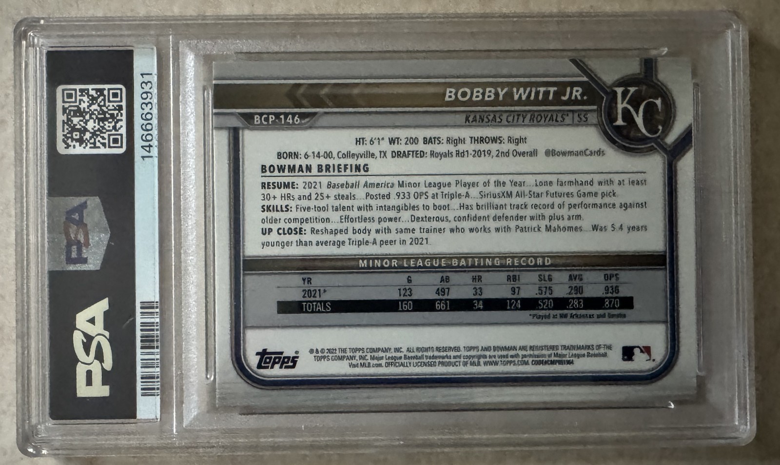2022 Bowman BOBBY WITT JR #BCP-146 Sapphire PSA MINT 9 Kansas City Royals view 2