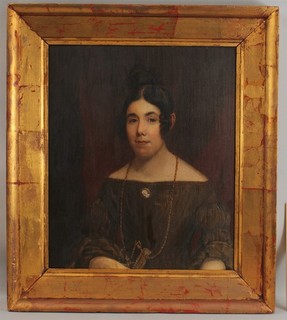 19thC Antique American Empire Portrait Oil Painting Young Woman Hand Fan & Cameo